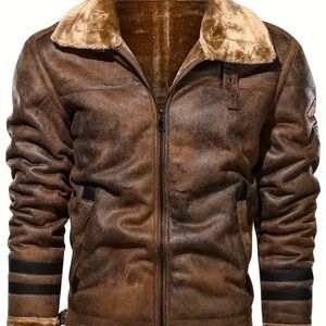 Men'S Winter Faux Leather Jacket with Lapel Collar